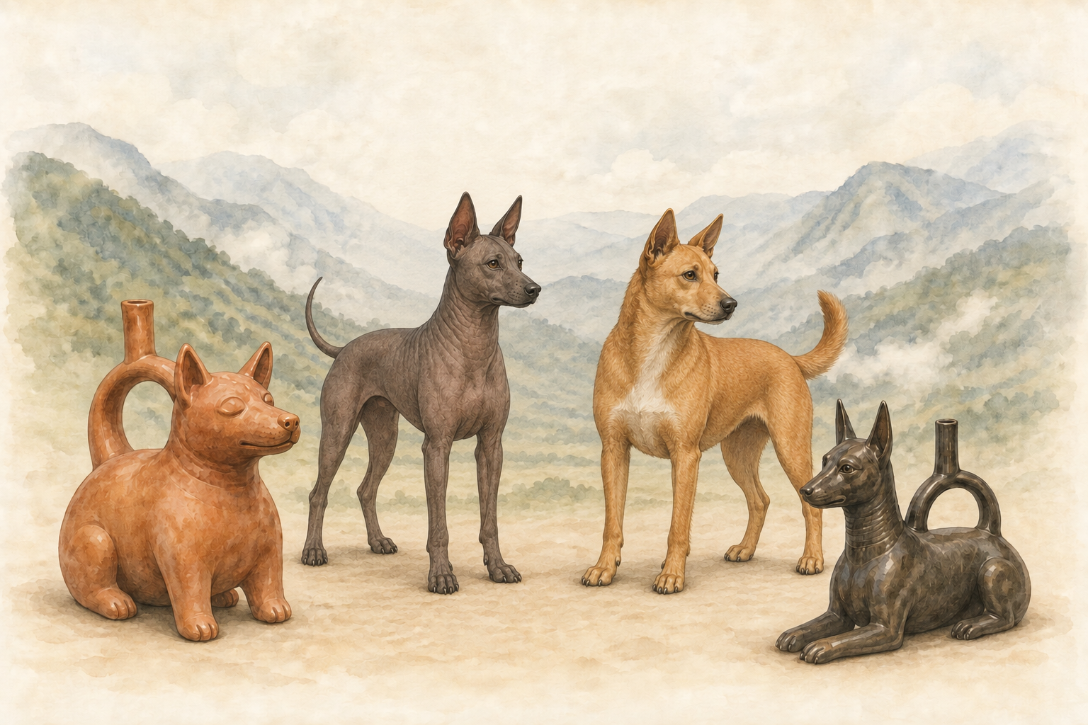 Un perro lampiño y otro de pelo dorado, con proporciones naturales, junto a dos recreaciones de cerámicas caninas