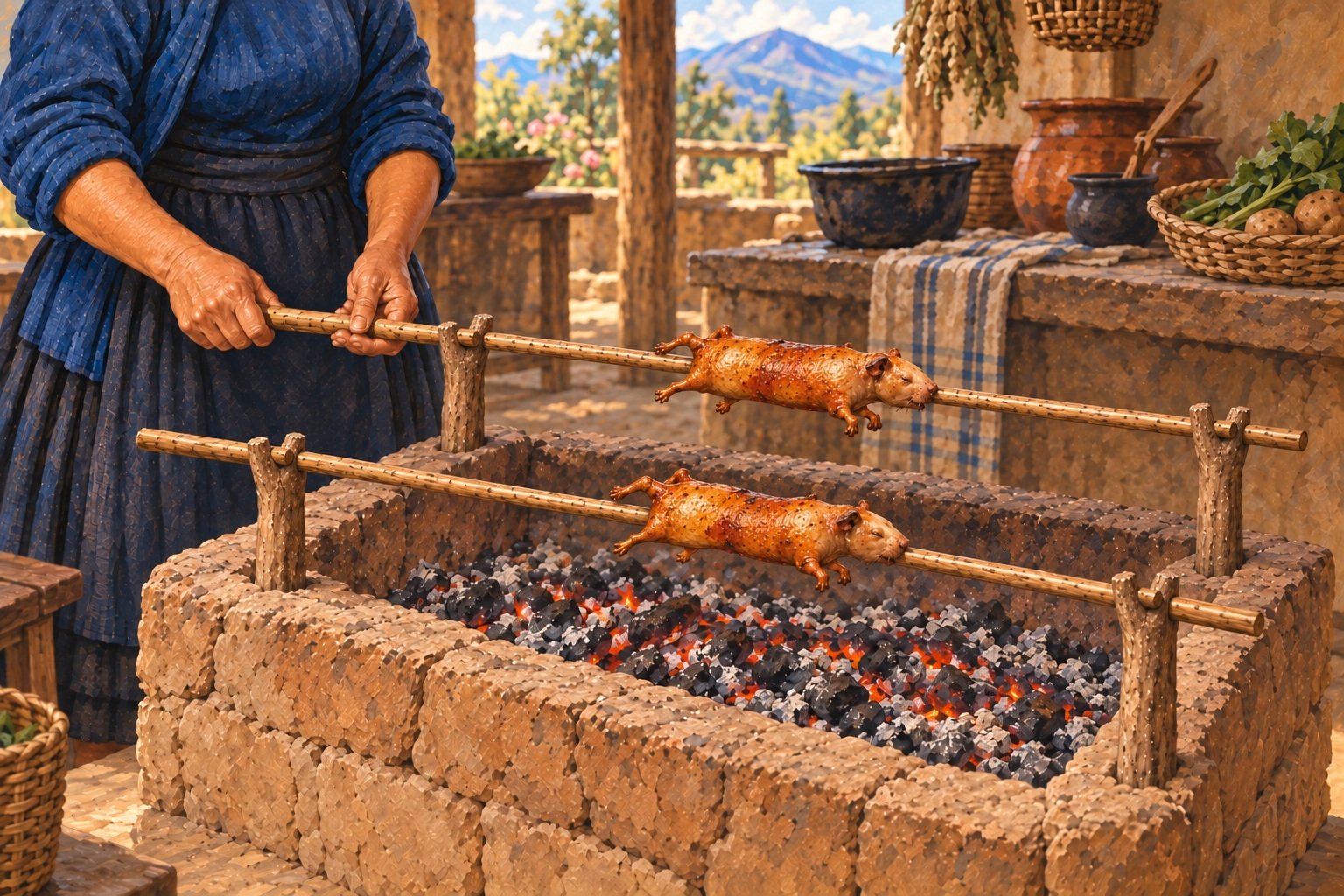 Recreación pictórica de un asador tradicional de Nariño: dos cuyes ensartados y dos varas asentadas en cuatro horquetas visibles