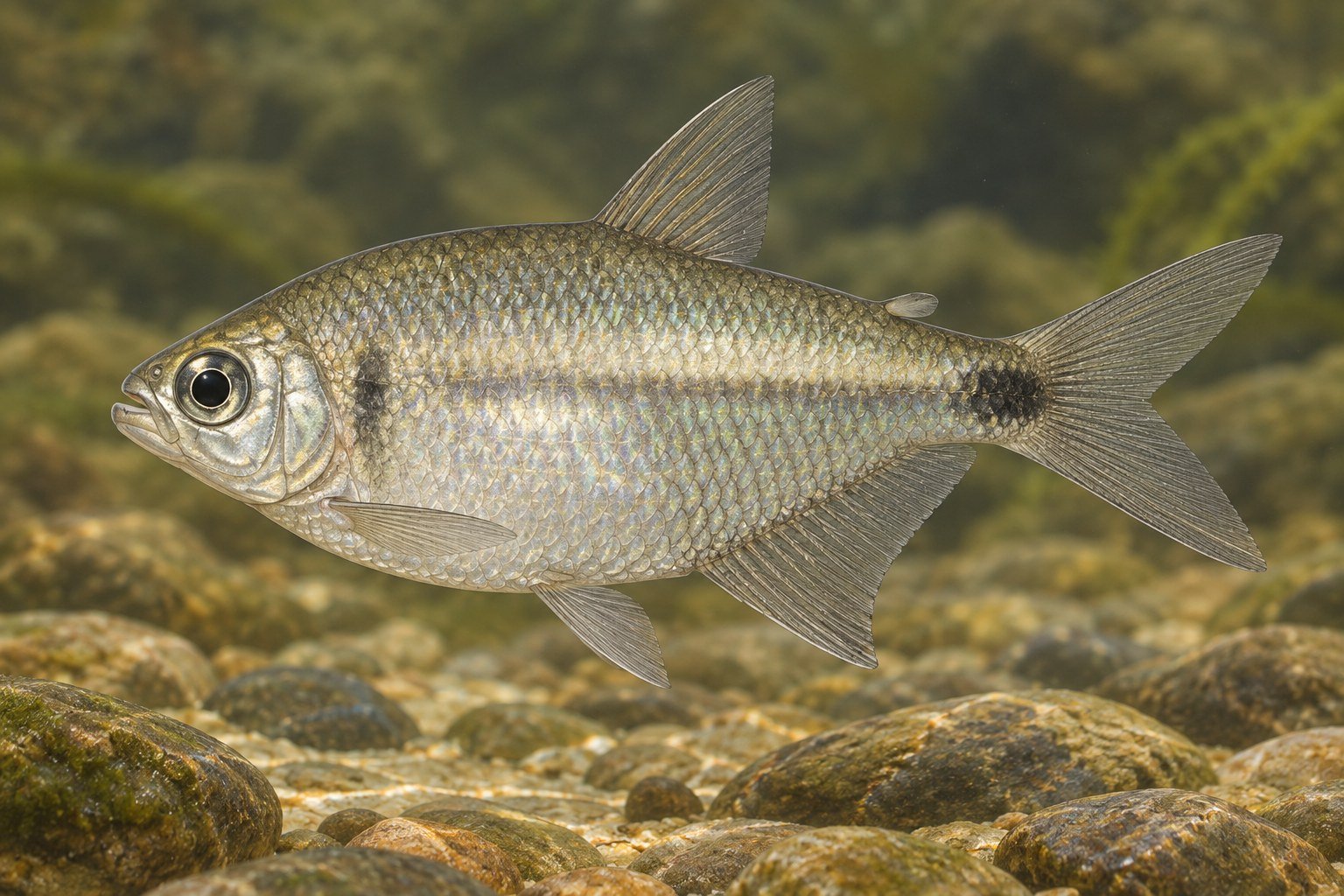 Recreación naturalista con IA de Hyphessobrycon inconstans, basada en el referente citado