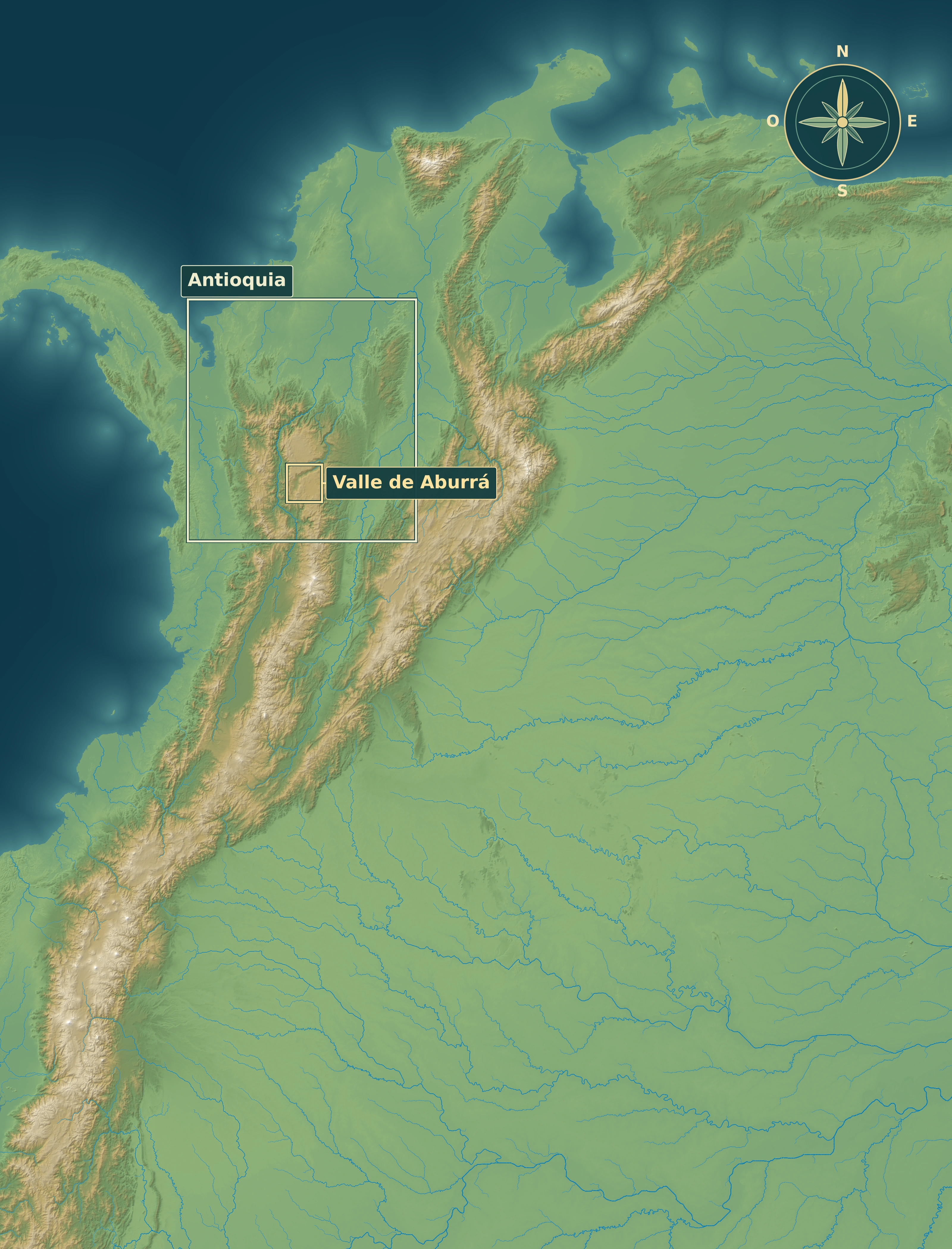 Relieve real de Colombia y su entorno con sombreado moderado, cauces principales en azul, recuadros de localización y rosa de los vientos tropical