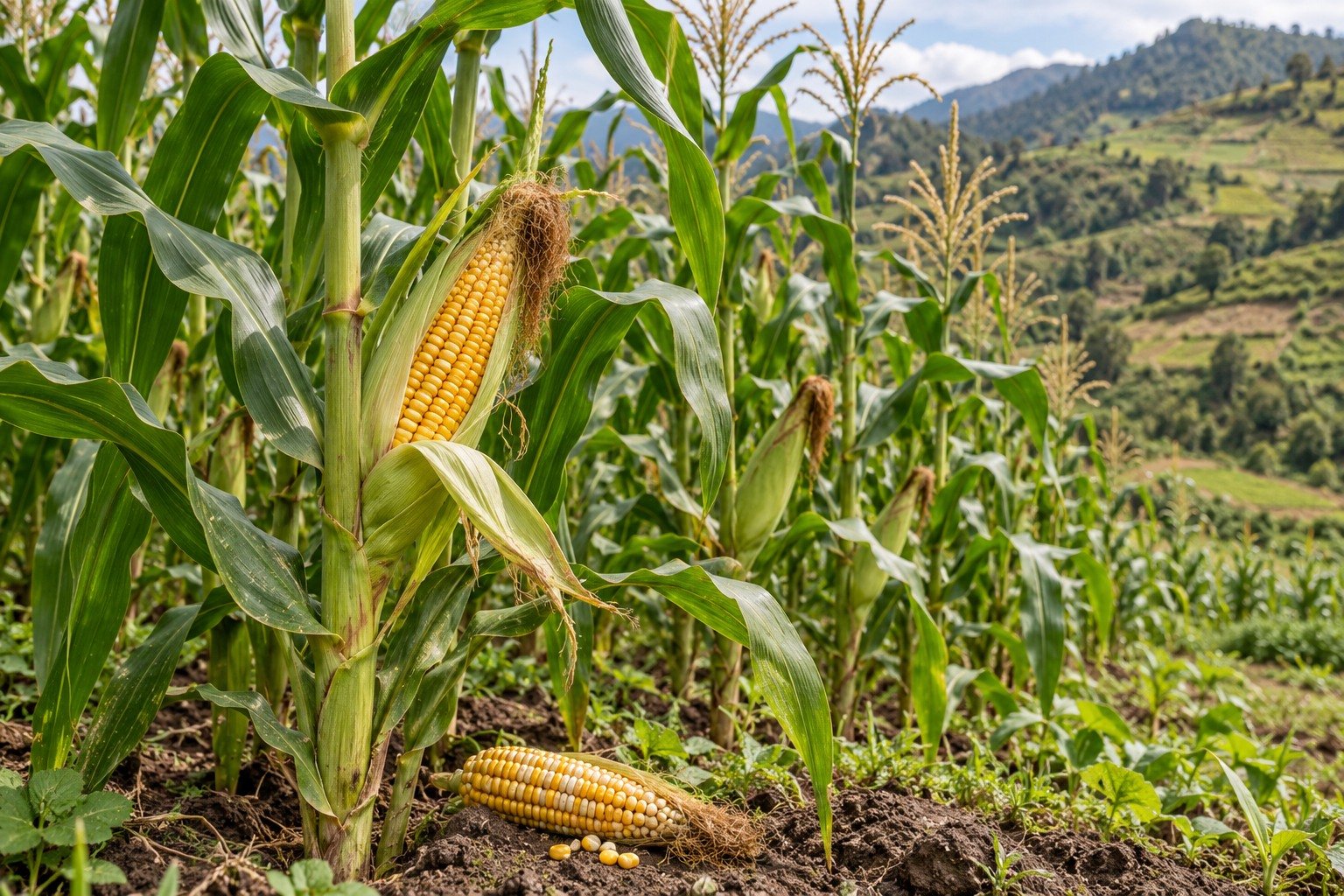 Recreación naturalista con IA de plantas y mazorcas de maíz