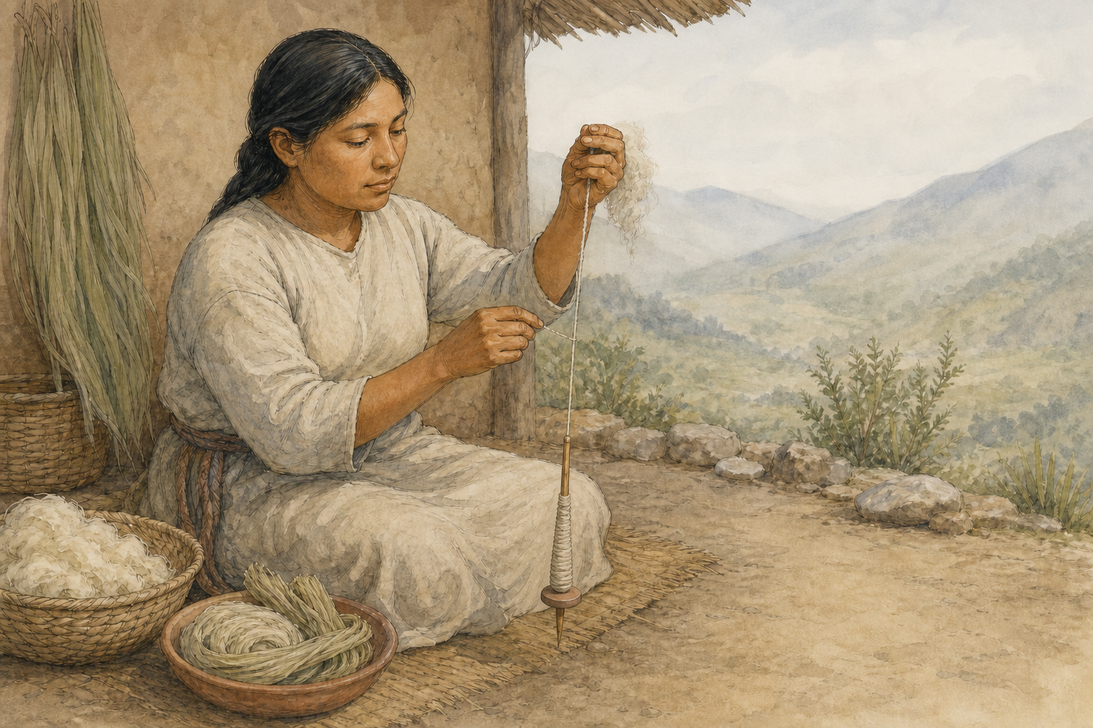 Ilustración didáctica de una hilandera andina usando un huso con volante cerámico