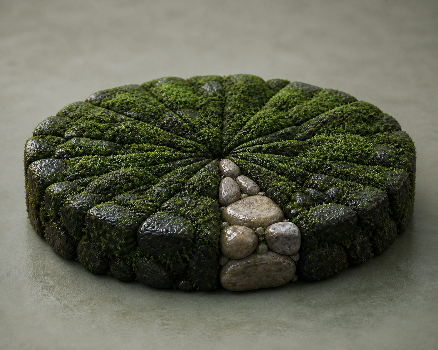 Torta construida con segmentos de piedra y musgo que compara el tiempo de los pueblos originarios con los últimos quinientos años